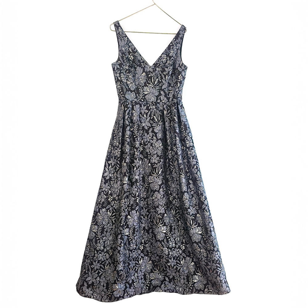 Theia Floral Slate Ballgown Dress Maxi Silver Floral $1,000 Size 8 - Picture 8 of 16
